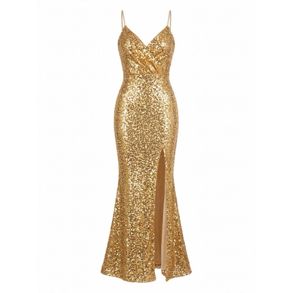Gold Sequin S Maxi Dress Prom Formal Gala Thigh Slit Cowl Mermaid Long